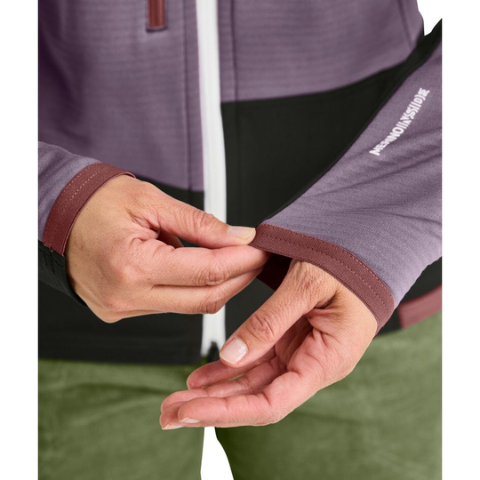 Fleece Rib Jacket W with Merino Shield Tec inserts for climbing durability.