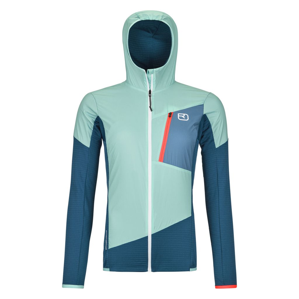 Ladiz Hybrid Jacket W for women in merino with windproof inserts, athletic fit, mint and navy.