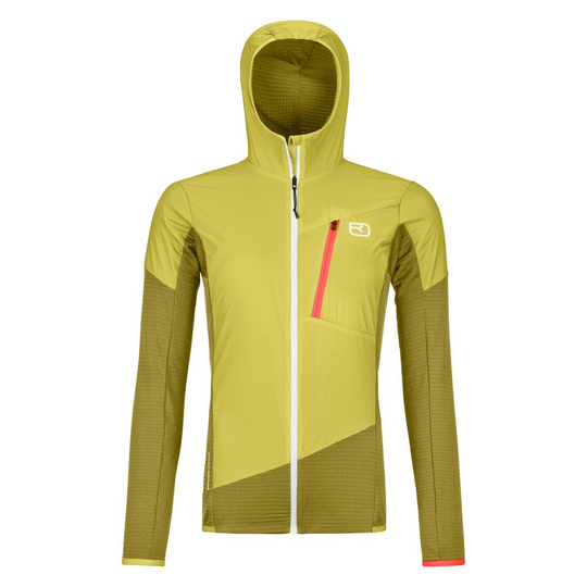Ladiz Hybrid Jacket W women's merino and windproof jacket, yellow with hood and chest pocket.