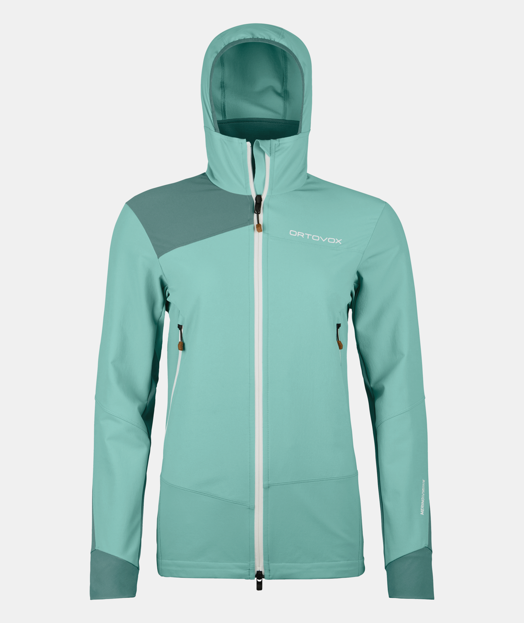 Women's Pala Hooded Jacket in teal, durable and breathable for climbing, featuring reinforced areas and zip pockets.