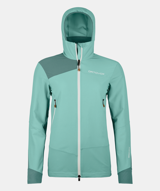 Women's Pala Hooded Jacket in teal, durable and breathable for climbing, featuring reinforced areas and zip pockets.