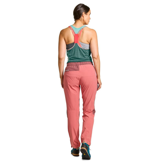 Lightweight and robust Vajolet Pants W, ideal for climbing, featuring adjustable waistband and hem, abrasion-resistant inserts, and breathable fabric.
