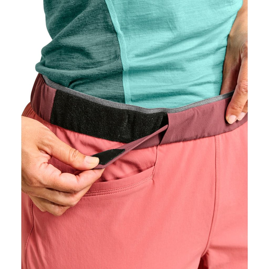 Vajolet Pants W with adjustable waistband elastic detail, showcasing lightweight and breathable climbing design.