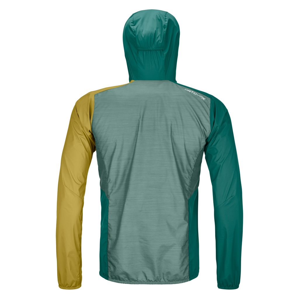 Lightweight windbreaker jacket for alpine use with Merino wool, water-repellent, windproof, and compact design.
