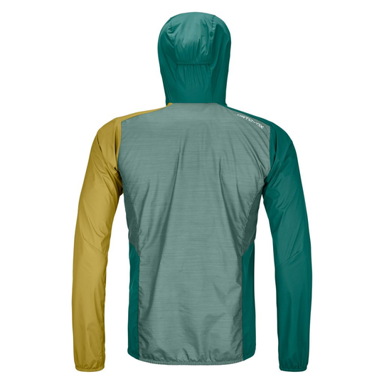 Lightweight windbreaker jacket for alpine use with Merino wool, water-repellent, windproof, and compact design.