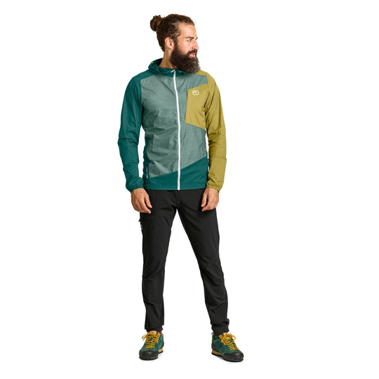 Ultralight windbreaker jacket for men, featuring Merino wool blend, water-repellent, and breathable design for alpine activities.