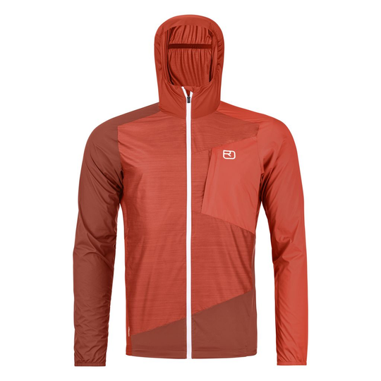 Men's lightweight windbreaker jacket with hood and chest pocket, made of Merino wool and TEC-STRETCH material.