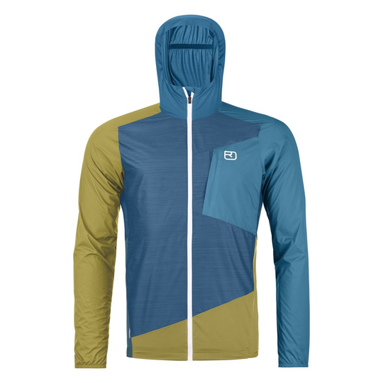 Ultralight men's windbreaker jacket with merino wool, water-repellent, compact, ideal for alpine use.