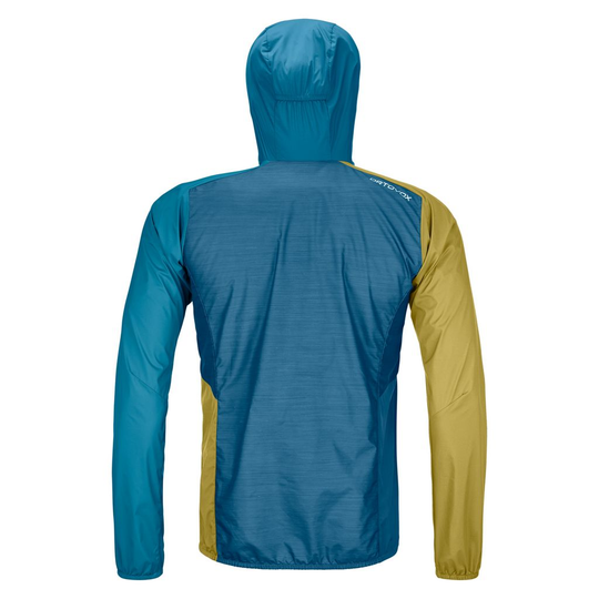 Ultralight men's windbreaker jacket with Merino wool, adjustable hood, and compact design.