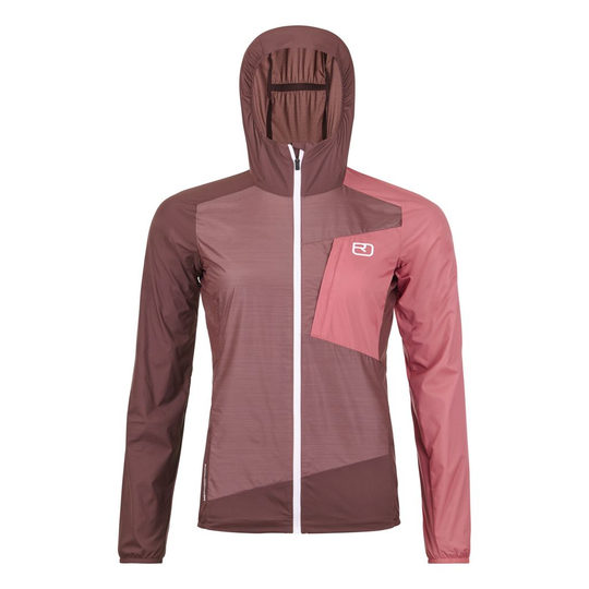 Lightweight, water-repellent women's windbreaker jacket with Merino wool, pink and brown design, hooded.