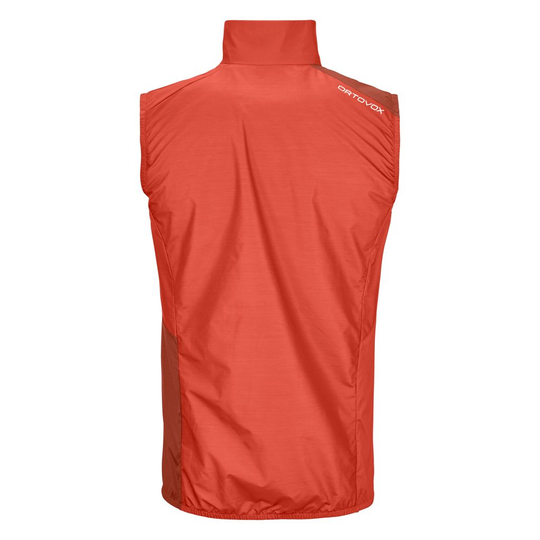 Windbreaker vest M in bright orange, lightweight, windproof, compact with Merino wool, ideal for alpine activities.