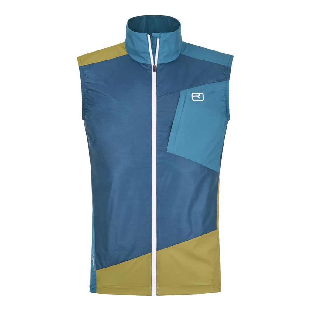 Ultralight men's windbreaker vest, water-repellent, Merino wool blend, foldable, ideal for alpine adventures.