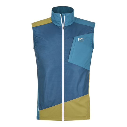 Ultralight men's windbreaker vest, water-repellent, Merino wool blend, foldable, ideal for alpine adventures.