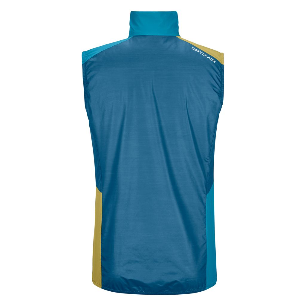 Ultralight windbreaker vest for alpine activities, made of Merino wool and TEC-STRETCH material, featuring wind and water resistance.