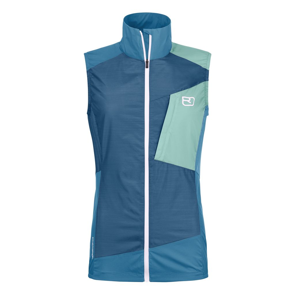 Windbreaker Vest W for women, lightweight, compact, windproof, with Merino wool, blue and teal color.