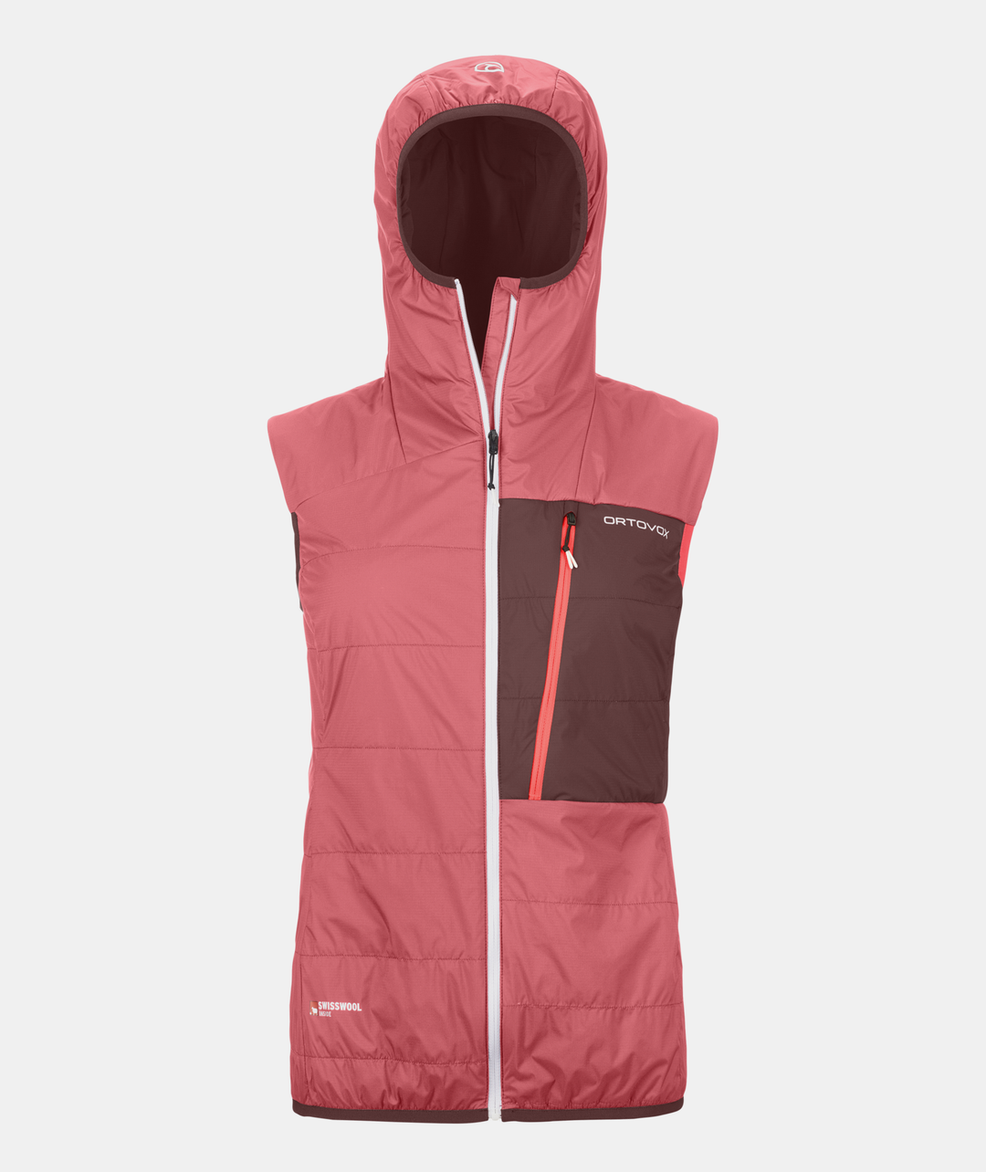 Swisswool Piz Duan Vest W in pink with hood and zip; lightweight, insulating alpine vest for women.