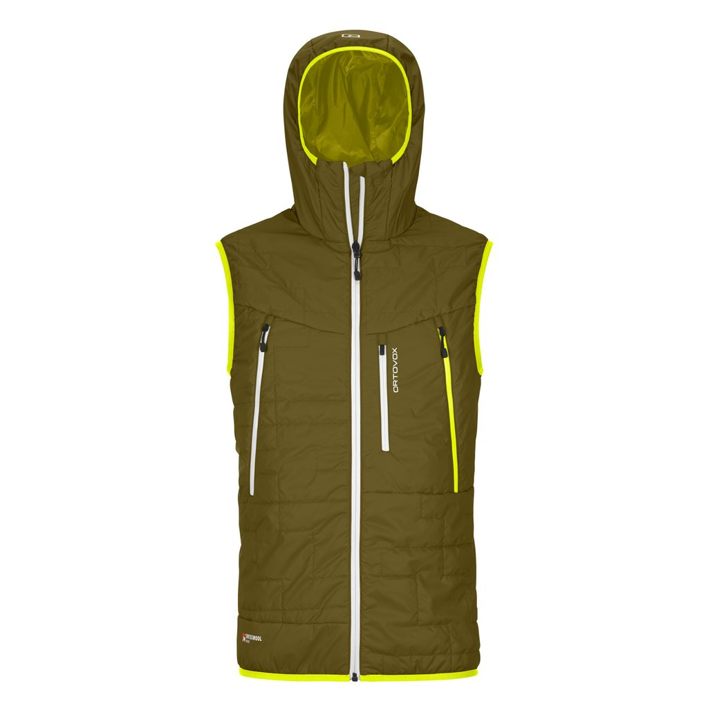 Lightweight, breathable Swisswool Piz Boè Vest for skiers with water-repellent, windproof design.