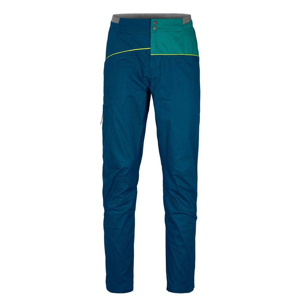 Valbon Pants M, organic cotton and hemp climbing pants, blue with asymmetrical design.