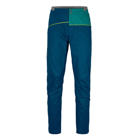 Valbon Pants M, organic cotton and hemp climbing pants, blue with asymmetrical design.