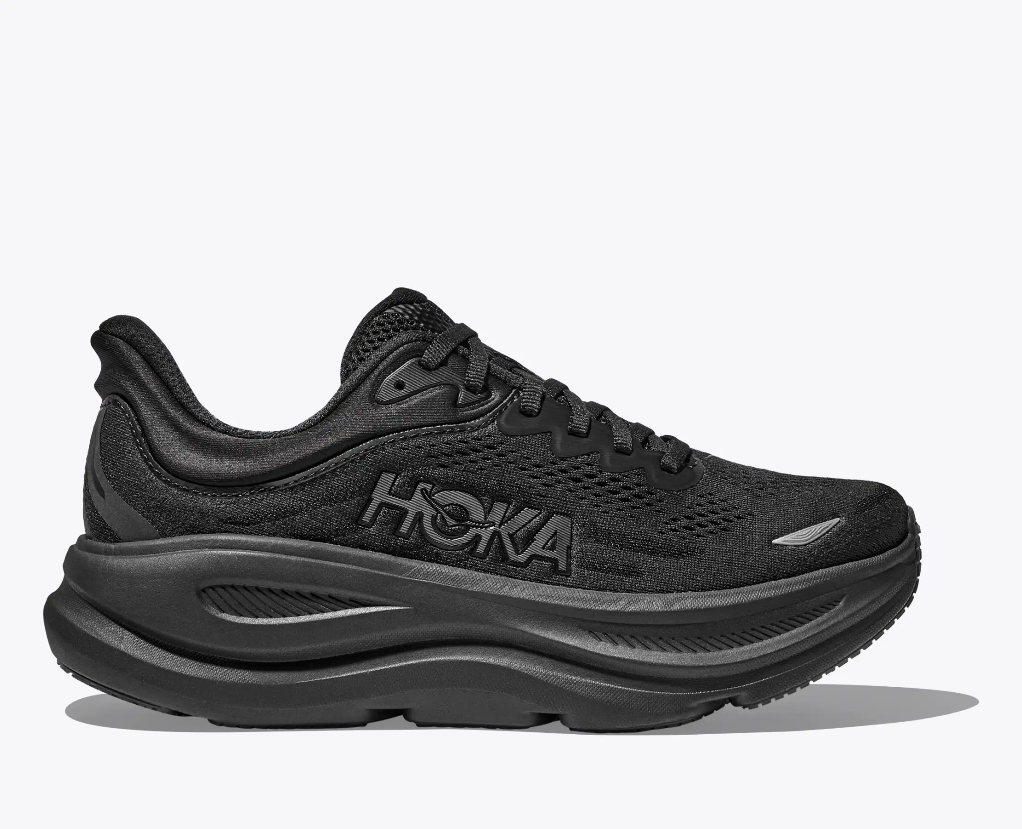 HOKA Bondi 9 running shoe in black with ultra-cushioned sole and breathable mesh upper.
