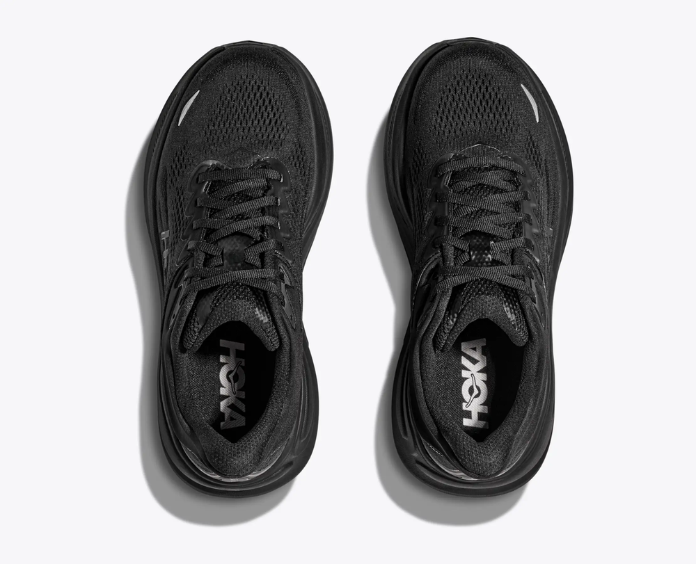 Top view of HOKA Bondi 9 running shoes in black, showcasing breathable mesh fabric and cushioned sole.