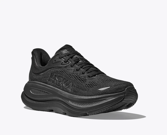 HOKA W Bondi 9 ultra-cushioned running shoe in black with 3D-shaped collar and Durabrasion Rubber outsole.