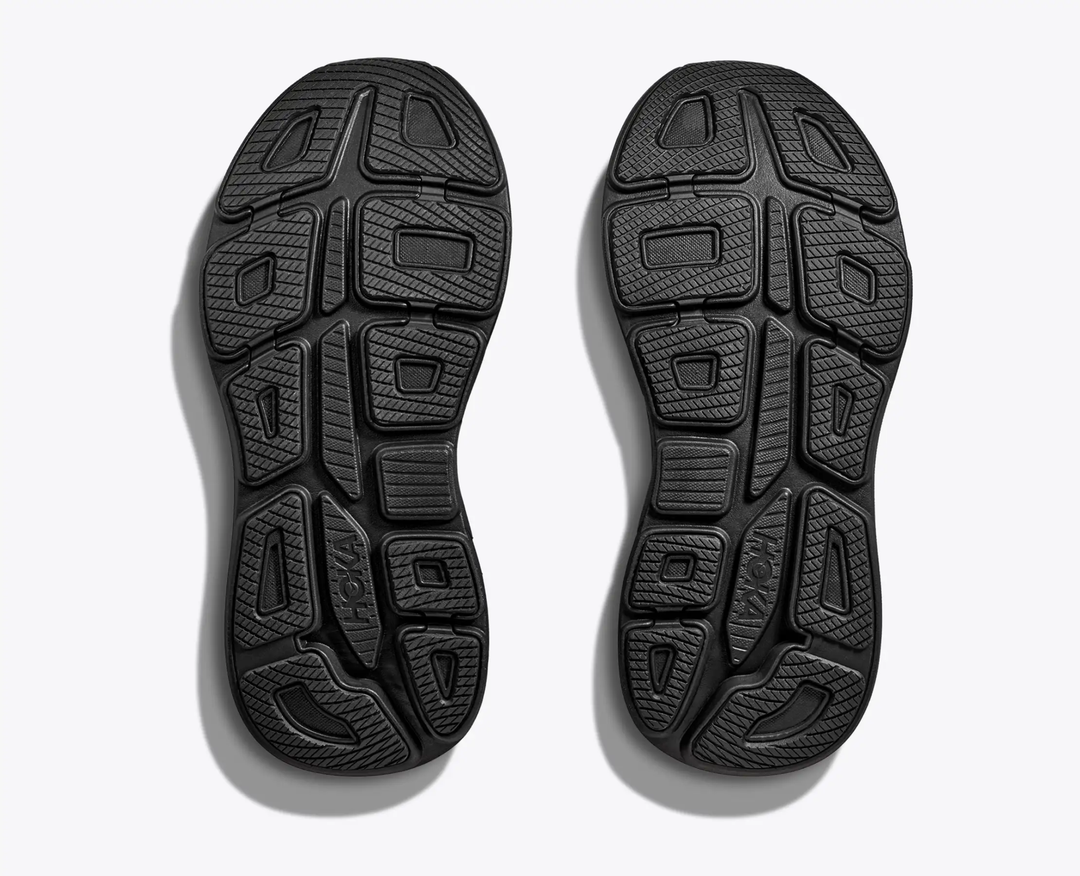 Sole view of HOKA Bondi 9 shoes with durable traction pattern.