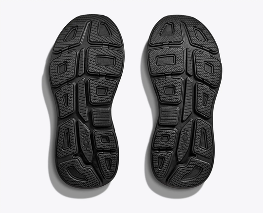 Sole view of HOKA Bondi 9 shoes with durable traction pattern.
