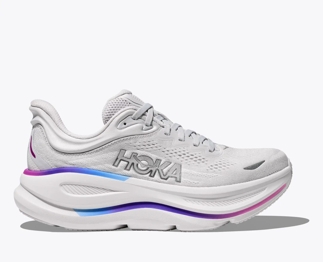 HOKA Bondi 9 running shoe, ultra-cushioned with EVA foam, 3D collar, and breathable mesh, ideal for road and walking.