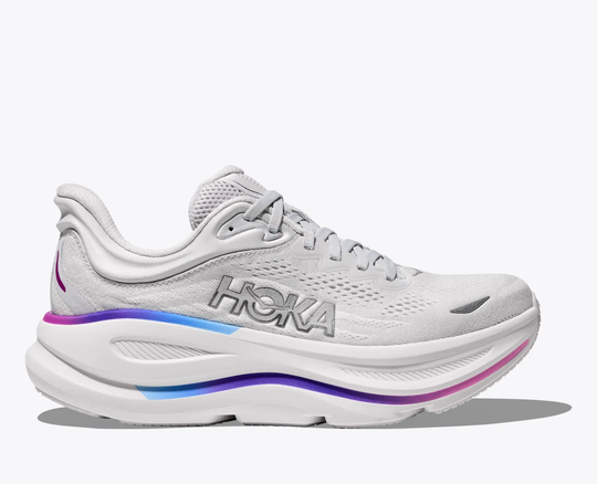 HOKA Bondi 9 running shoe, ultra-cushioned with EVA foam, 3D collar, and breathable mesh, ideal for road and walking.