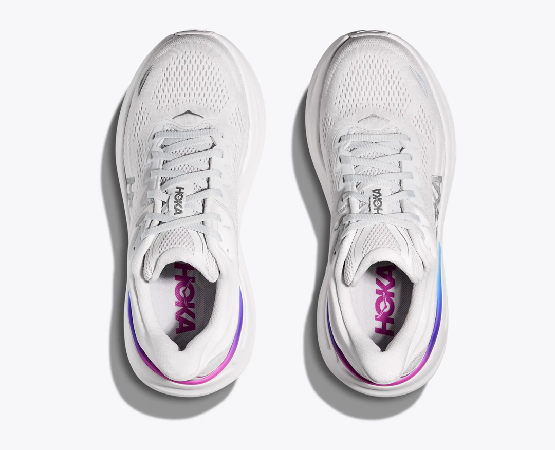White HOKA Bondi 9 running shoes with purple and blue accents, top view.