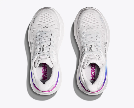 White HOKA Bondi 9 running shoes with purple and blue accents, top view.
