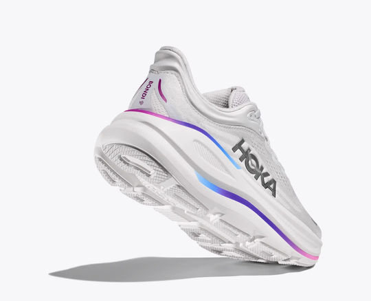 Women’s Bondi 9 shoe with white upper, HOKA branding, and colorful midsole accents.