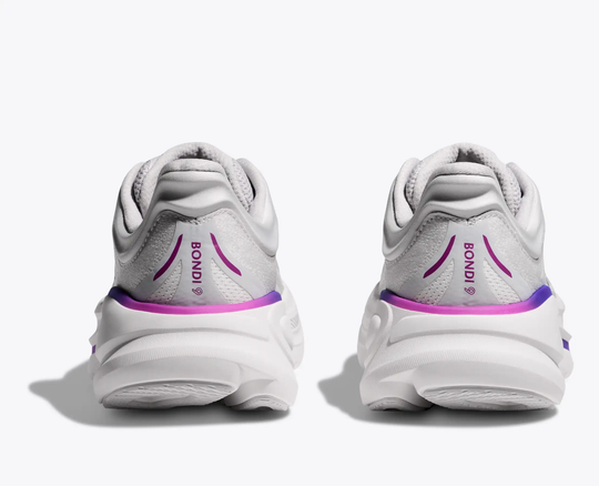 Bondi 9 shoes with gray and purple design featuring a 3D molded collar and breathable textile upper.