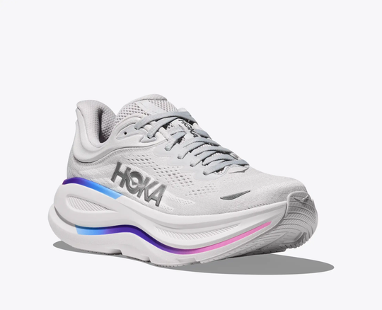 Ultra-cushioned HOKA Bondi 9 running shoe with 3D collar and breathable mesh upper.