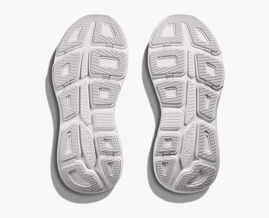 Close-up view of the Bondi 9 shoe soles showcasing durable tread pattern in white.