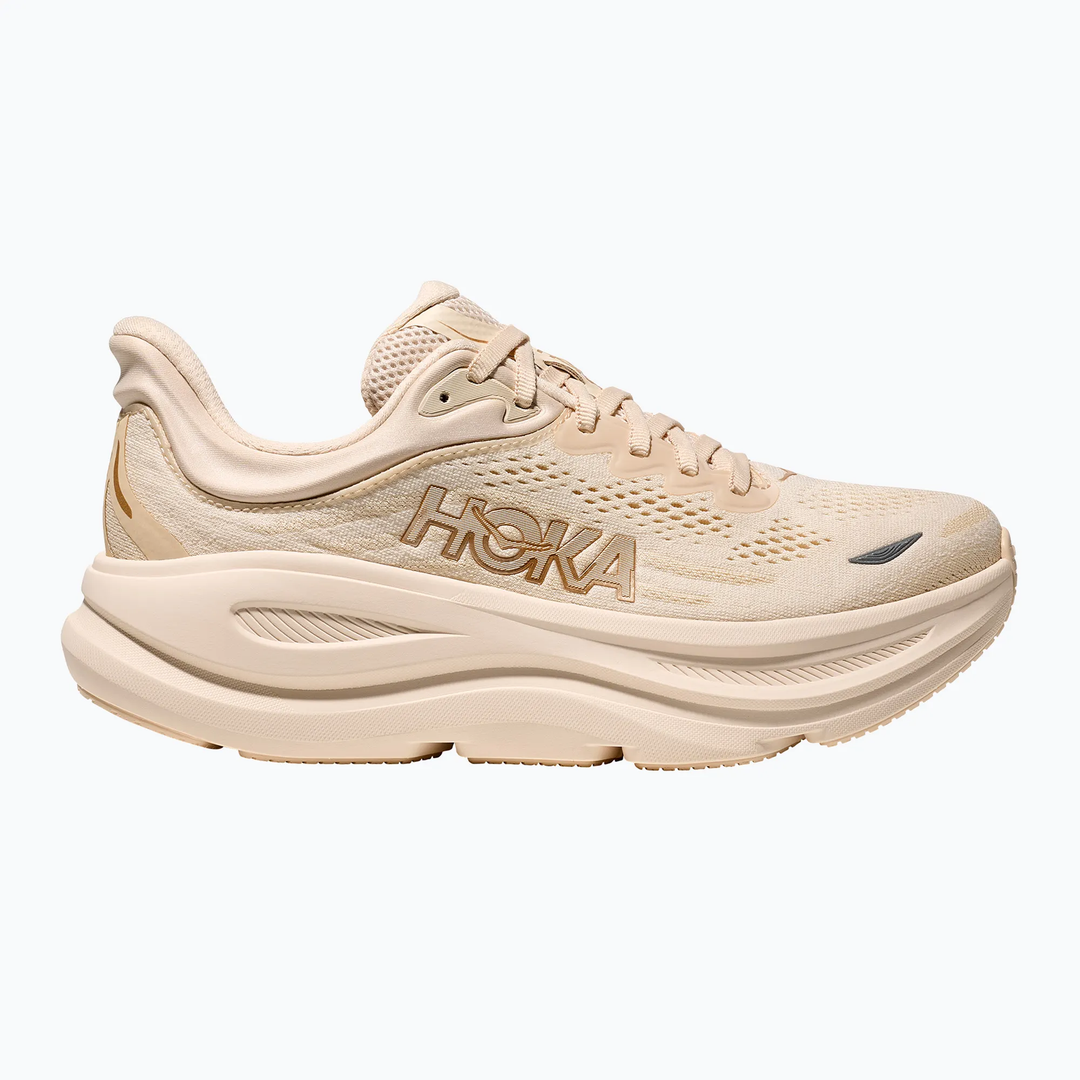 Ultra-cushioned HOKA Bondi 9 shoes with high stack, enhanced foam midsole, and Durabrasion Rubber outsole.