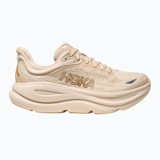 Ultra-cushioned HOKA Bondi 9 shoes with high stack, enhanced foam midsole, and Durabrasion Rubber outsole.