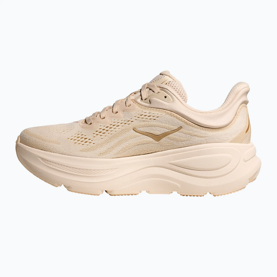 Ultra-cushioned HOKA Bondi 9 running shoe in beige with structured mesh upper and Durabrasion Rubber sole.