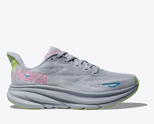 Lightweight Clifton 9 running shoe with breathable mesh upper and durable rubber outsole.