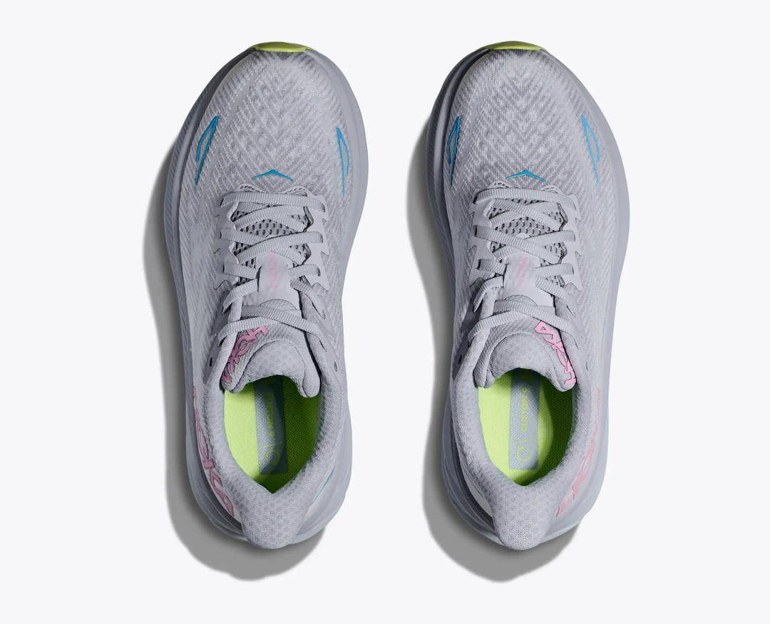 Clifton 9 running shoes with breathable mesh and EVA midsole, top view.