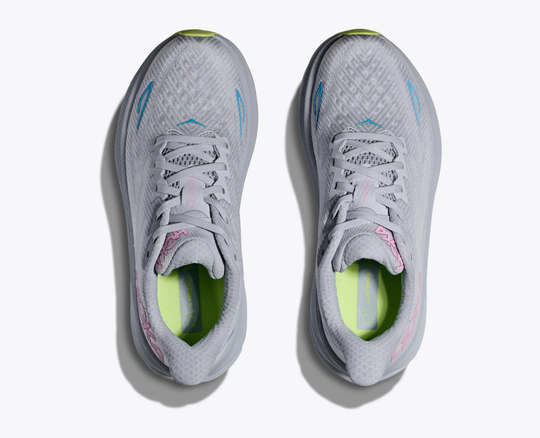 Clifton 9 running shoes with breathable mesh and EVA midsole, top view.