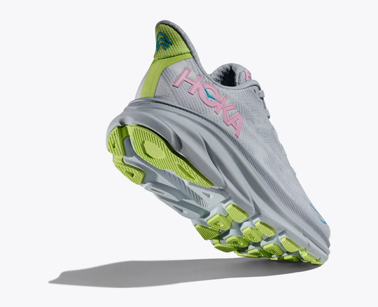 Clifton 9 running shoe with breathable upper, EVA foam midsole, and Durabrasion Rubber outsole.