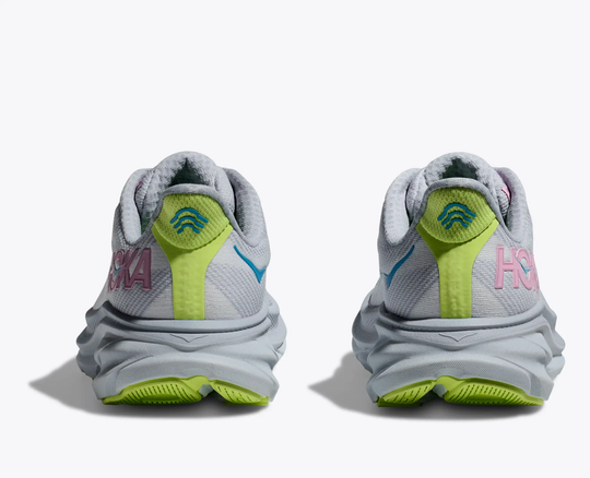 Clifton 9 running shoes back view, featuring breathable technical fabric and reflective heel panel.