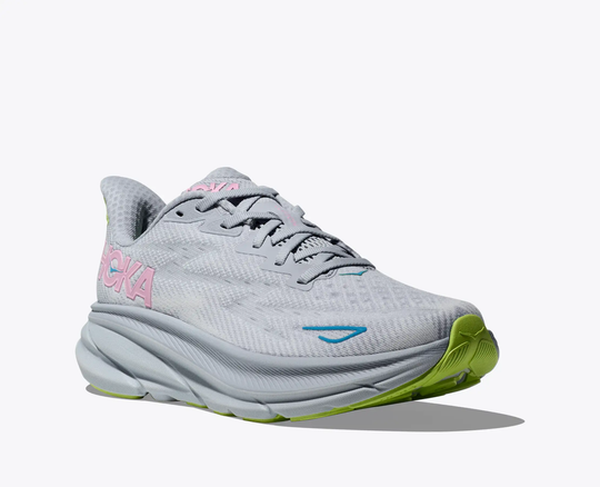 Lightweight Clifton 9 running shoe with breathable mesh upper and cushioned sole.