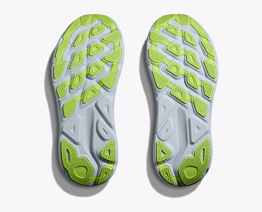 Clifton 9 running shoes green and white outsoles.