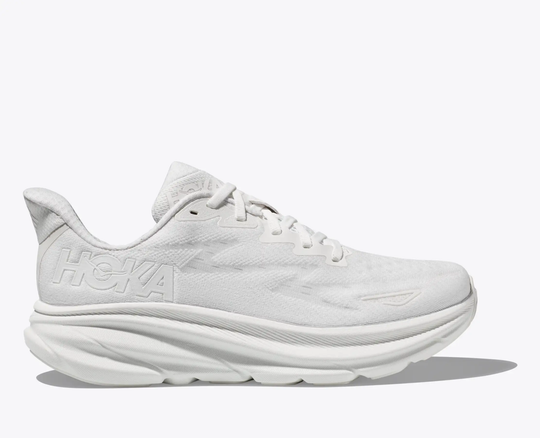 Lightweight white Clifton 9 running shoe with breathable engineered mesh and cushioned midsole.