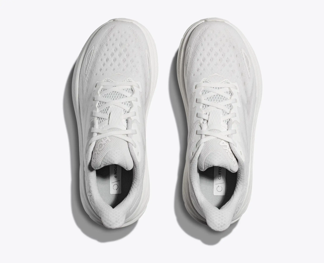Clifton 9 running shoes with breathable mesh upper, white color, top view.