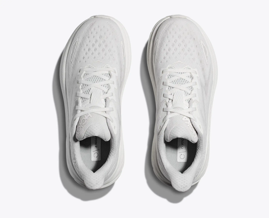 Clifton 9 running shoes with breathable mesh upper, white color, top view.