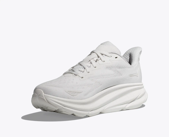 Unisex Clifton 9 running shoe, white, lightweight design with breathable mesh upper and EVA foam midsole for road use.